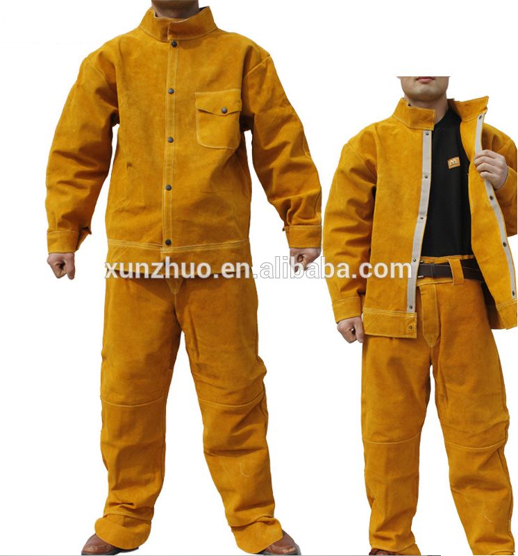 Leather Welding Brown Jacket Coat Trousers Protective Clothing Suit for Weld